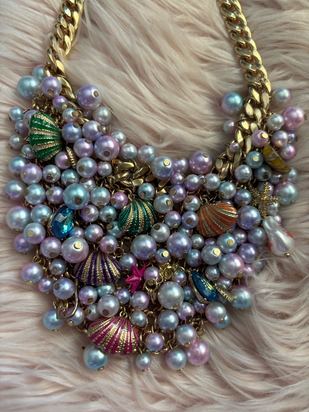 Statement Gold Necklace with Lavender Pearl Beads and Multicolor Shell Charms